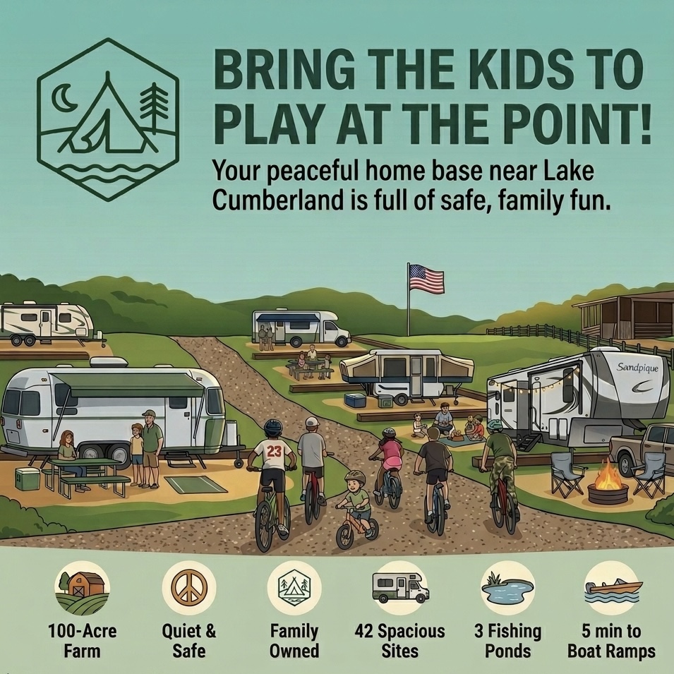 Children riding their bikes amongst the camp sites at The Point Campground