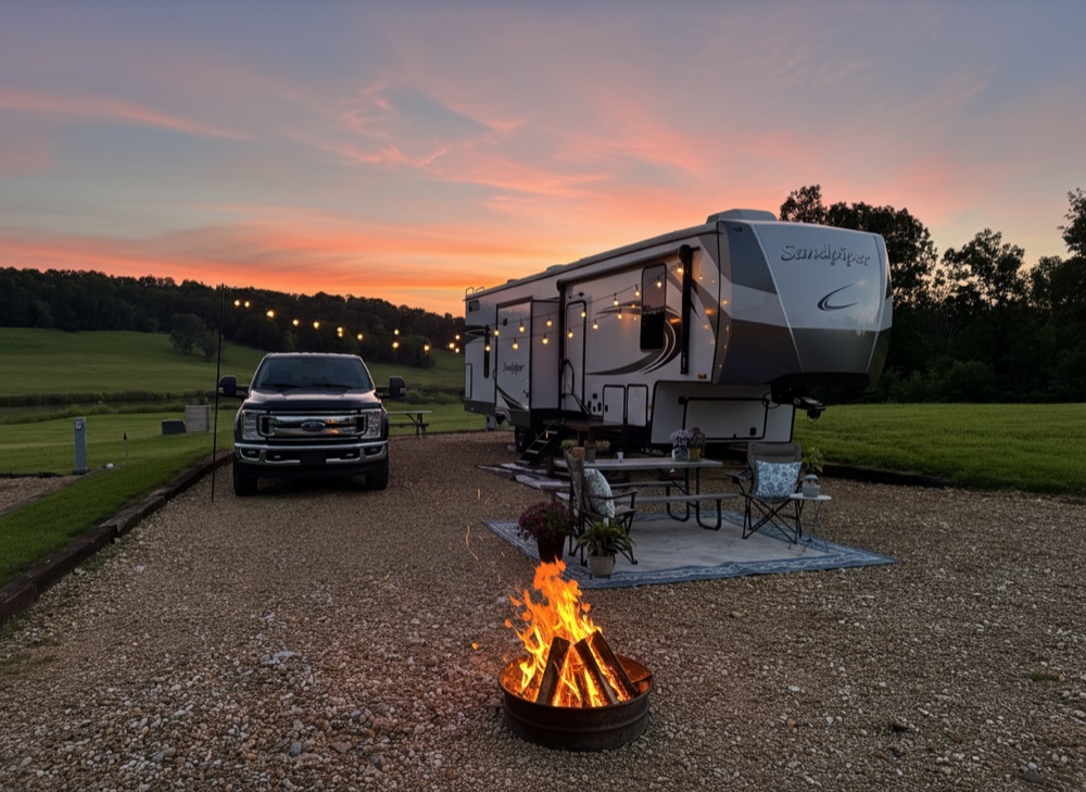 Peaceful RV site with chairs overlooking a fishing pond at sunset
